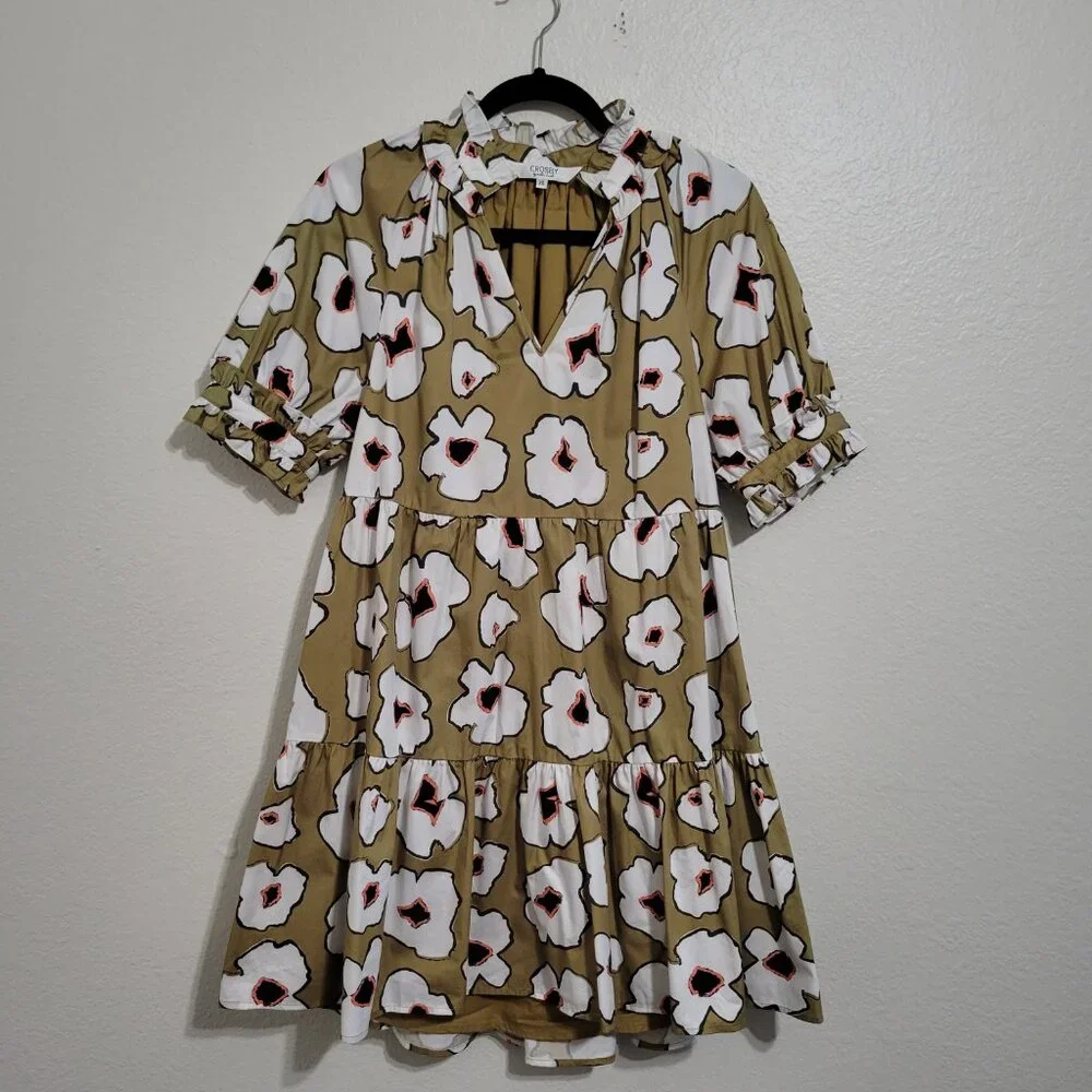 Crosby Isabelle Green Yellow Floral Print Puff Sleeve Tiered Mini Dress Size XS - Picture 8 of 8